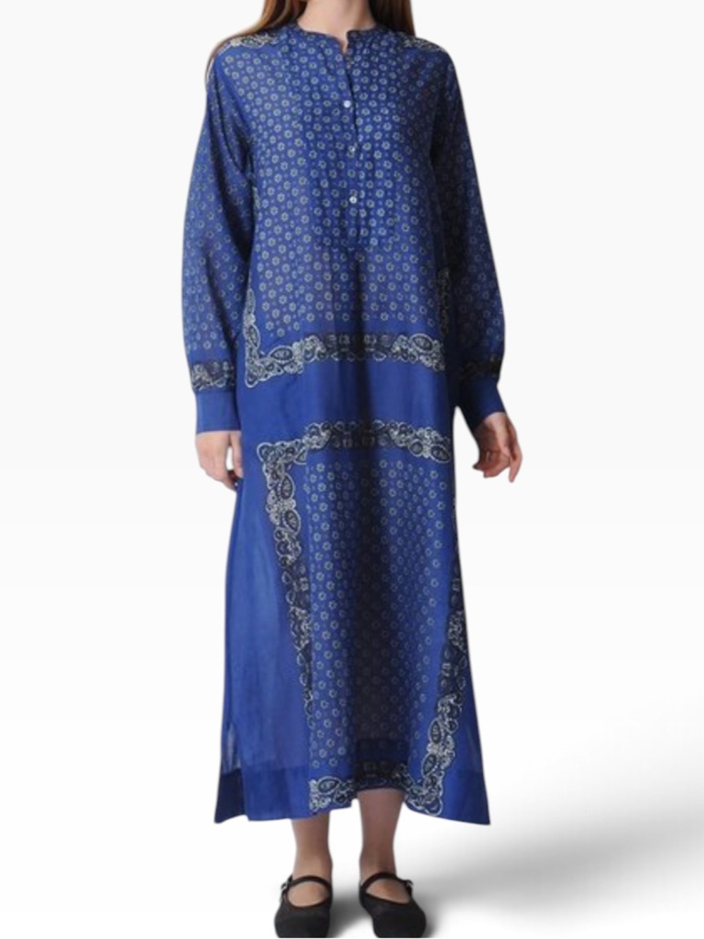 Moismont "Chloe" Patchwork Blue with Floral Panel Print Long Sleeve Cotton Dress
